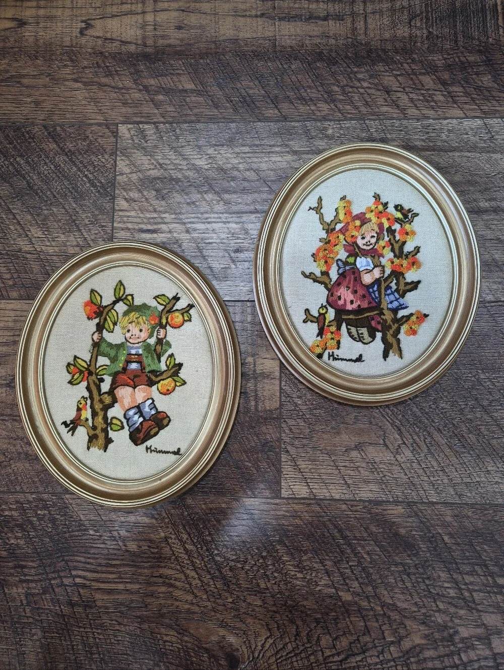 Vintage Crewel Embroidery Art Picture Oval Framed Lot Of 2 Textured & Detailed